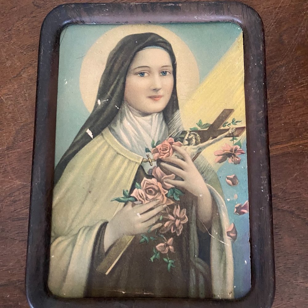 Vintage St Therese (the Little Flower) in a metal frame